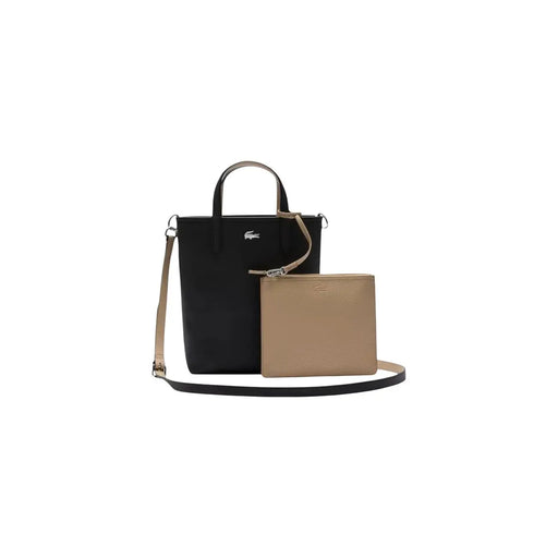 Lacoste black zip tote bag with beige leather accents, shoulder strap and pouch