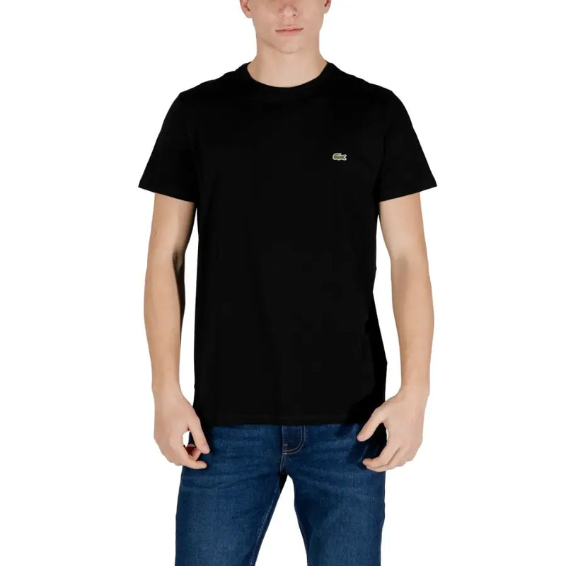 Lacoste men black short round neck t shirt with short sleeves and green crocodile logo on the left chest