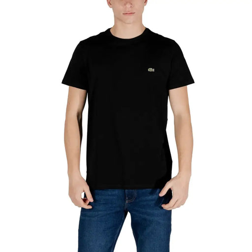 Lacoste men black short round neck t shirt with short sleeves and green crocodile logo on the left chest