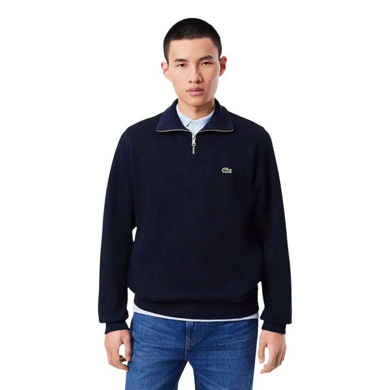 Marineblauer Lacoste Herren-Baumwollpullover mit halbem Reißverschluss und dezentem grünem Krokodillogo auf der Brust