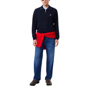Blauer Lacoste Herren-Baumwollpullover mit halbem Reißverschluss, weißem Kragen und gesticktem Krokodil-Logo auf der Brust