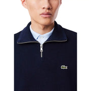 Blaues Lacoste Herren-Sweatshirt aus Baumwolle mit Rollkragen, marineblauem Rippstrick-Halbreißverschluss und silbernem Reißverschluss mit grünem Krokodillogo
