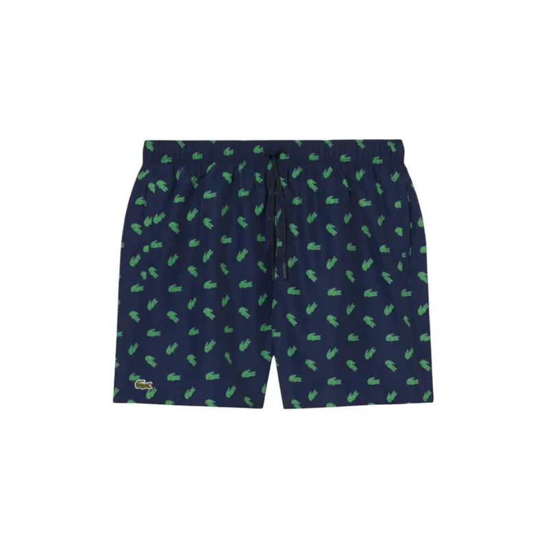 Dunkelblaue Lacoste Herren-Badeshorts aus Polyester mit sich wiederholendem grünem Krokodil-Logo-Muster MH1851