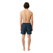 Lacoste Herren-Badeshorts aus Polyester mit blauem Print, dunkelblauer Stoff mit hellgrünem Palmenmuster