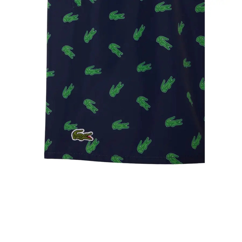 Lacoste Herren-Badeshorts aus Polyester mit blauem Print in Dunkelblau mit grünen Krokodil-Logos und gesticktem Logo unten links