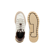 Lacoste Herren-Sneaker „Slam Break“ aus braunem Leder mit weiß-beigem Mesh-Obermaterial und Gummisohle mit braunen Akzenten