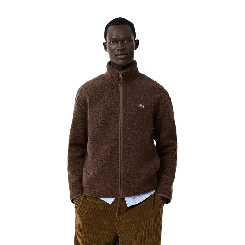 Braune, strukturierte Fleecejacke mit kleinem, gesticktem Logo auf der linken Brust, Lacoste Herren-Baumwollblazer, schwarz, klassischer Stil