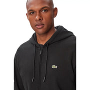 Schwarzer Lacoste Herren-Baumwollhoodie mit Frontreißverschluss und grünem Krokodillogo auf der Brust