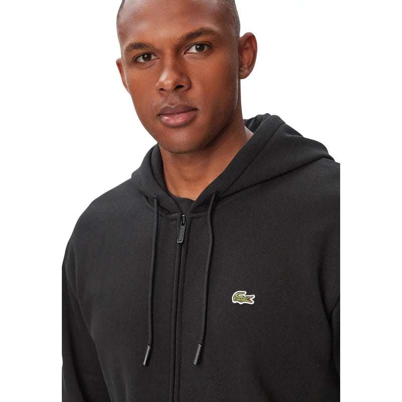 Schwarzer Lacoste Herren-Baumwollhoodie mit Frontreißverschluss und grünem Krokodillogo auf der Brust
