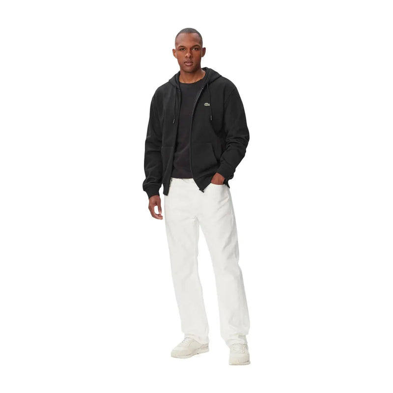 Schwarzer Lacoste Herren-Baumwollhoodie mit Reißverschluss vorne und dezentem grünem Krokodillogo auf der Brust.