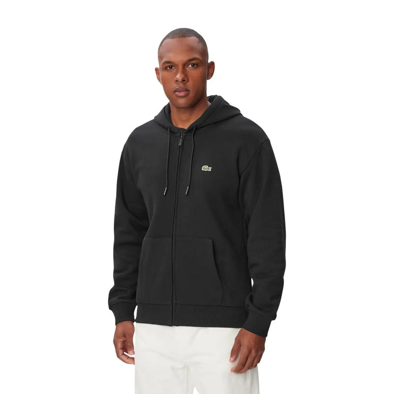 Schwarzer Lacoste Herren-Baumwoll-Hoodie mit Reißverschluss und kleinem grünen Krokodil-Logo auf der linken Brust für die Freizeit.