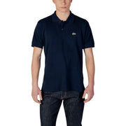 Marineblaues Lacoste Herren-Poloshirt mit kleinem grünen Krokodil-Logo aus kurzärmeligem Baumwollstoff