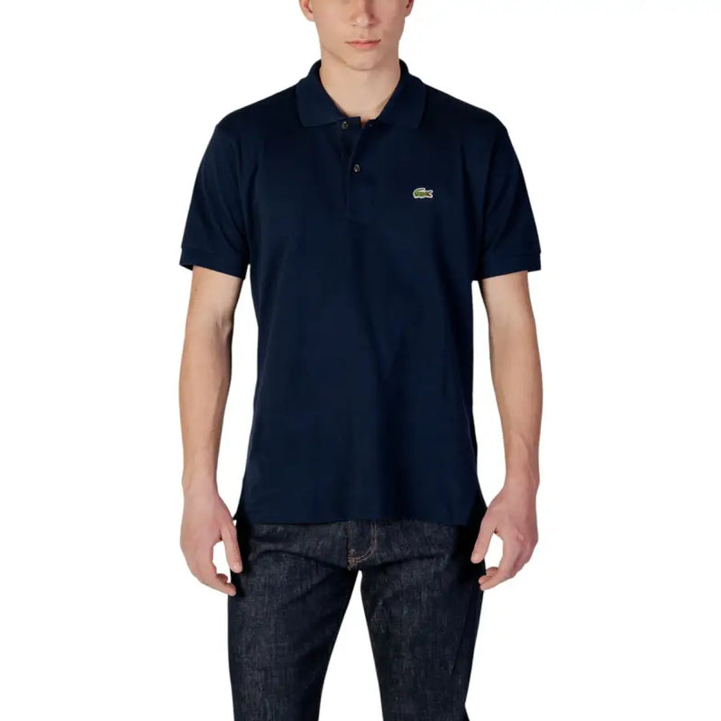Marineblaues Lacoste Herren-Poloshirt mit kleinem grünen Krokodil-Logo aus kurzärmeligem Baumwollstoff