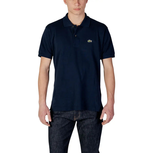 Navy blue Lacoste men polo shirt with small green crocodile logo made of cotton short sleeve fabric