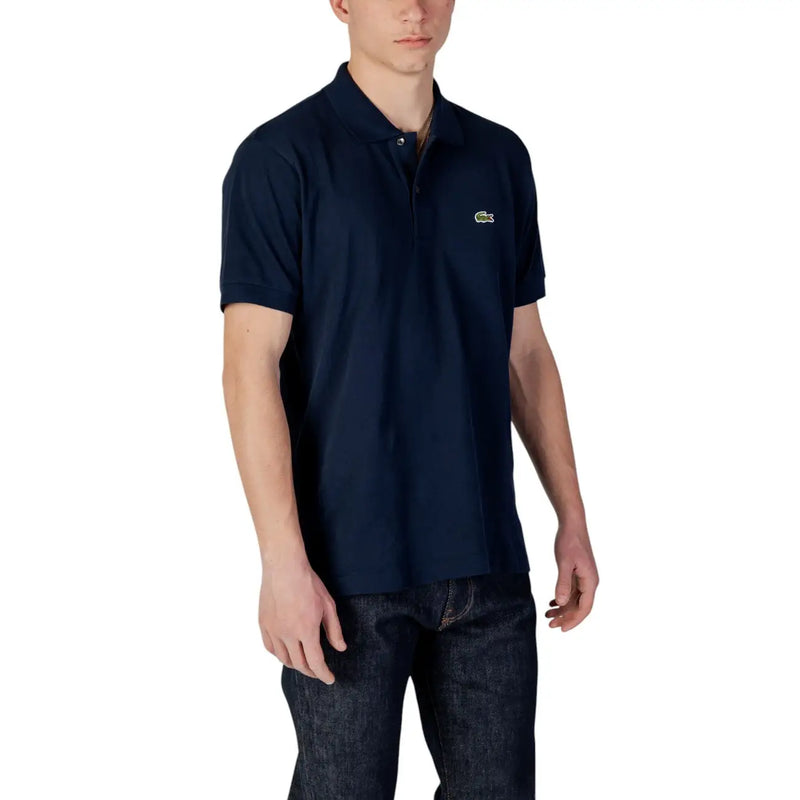 Navy blue Lacoste men polo shirt with small embroidered crocodile logo, cotton short sleeve design