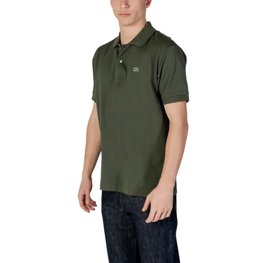 Olive green lacoste men polo short sleeve shirt made of 100 percent cotton with embroidered crocodile logo on left chest