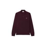 Lacoste Herren-Polohemd aus lila Baumwolle, bordeauxrot, langärmelig, mit klassischem Kragen und grünem Krokodil-Logo auf der Brust