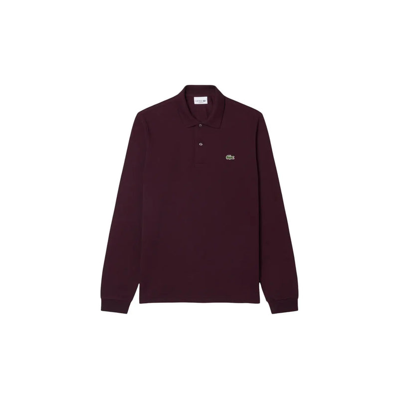 Lacoste Herren-Polohemd aus lila Baumwolle, bordeauxrot, langärmelig, mit klassischem Kragen und grünem Krokodil-Logo auf der Brust