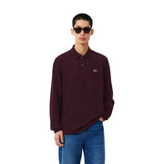 Bordeauxrotes, langärmeliges Baumwoll-Poloshirt für Herren mit gesticktem Lacoste-Krokodillogo auf der linken Brustseite