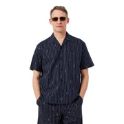 Lacoste men shirt navy blue short-sleeved button-up with white pinstripes and small anchor motifs