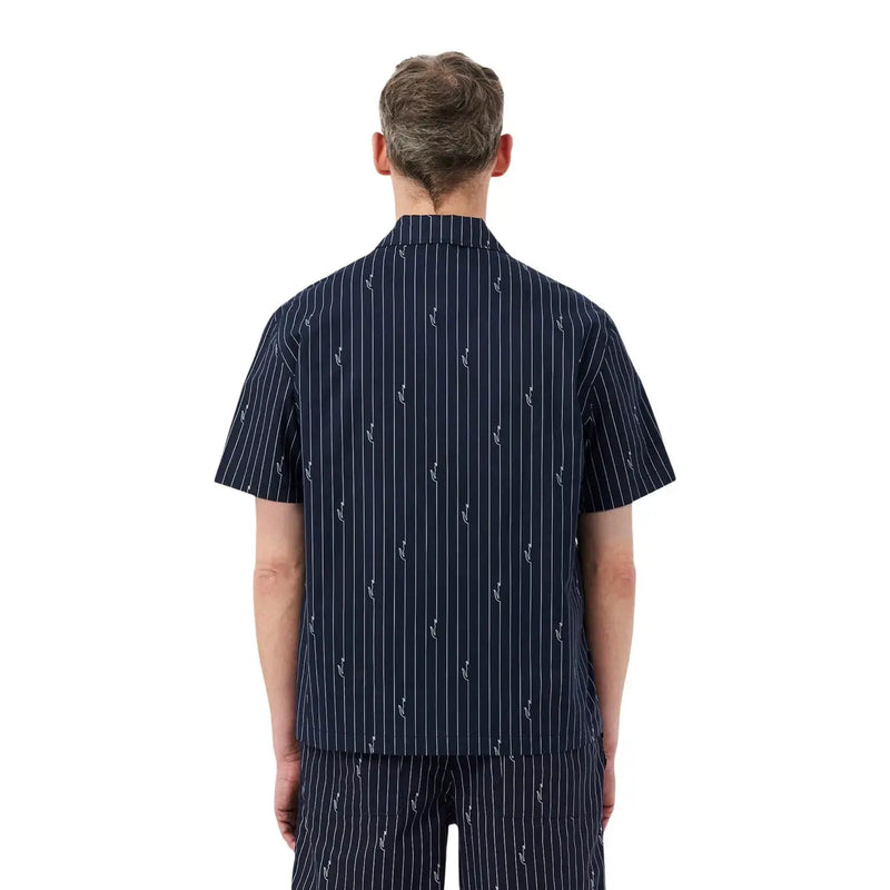 Navy blue short-sleeved Lacoste men shirt with white vertical pinstripes and embroidered anchor motifs