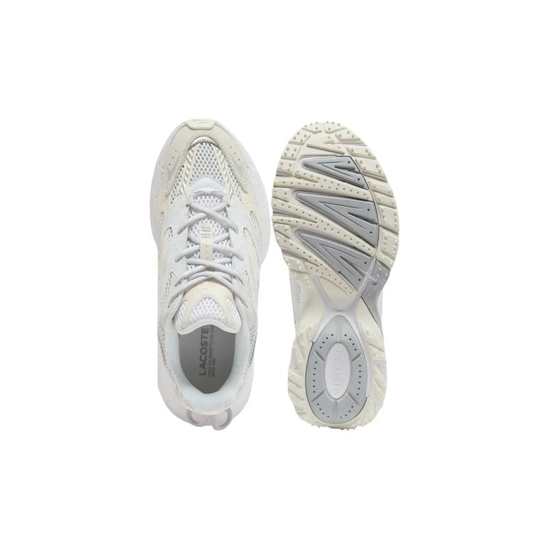 Cream-colored Lacoste men sneaker with mesh and synthetic overlays and gray rubber sole in polyester polyurethane