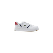 Weiße Lacoste-Sneaker für Herren aus Leder mit roten und marineblauen Akzenten und dem klassischen Krokodil-Logo an der Seite