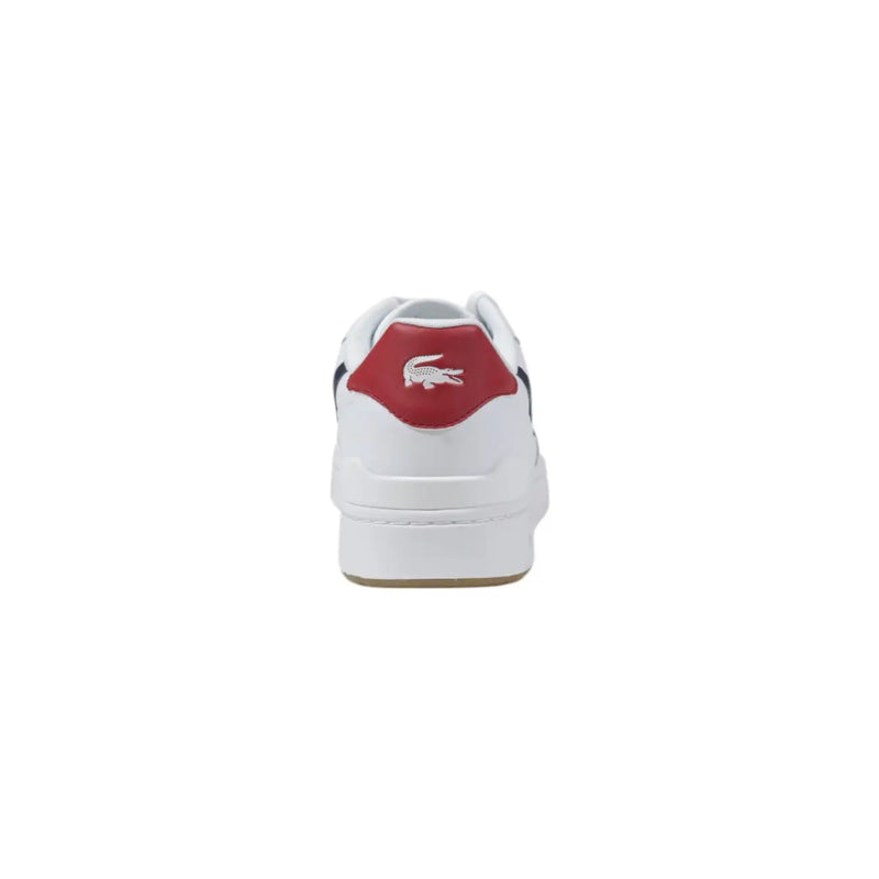 Weiße Lacoste Herren-Sneaker aus Leder im Frühlingsstil mit roter Fersenlasche, Krokodil-Logo und schwarzen Seitenakzenten