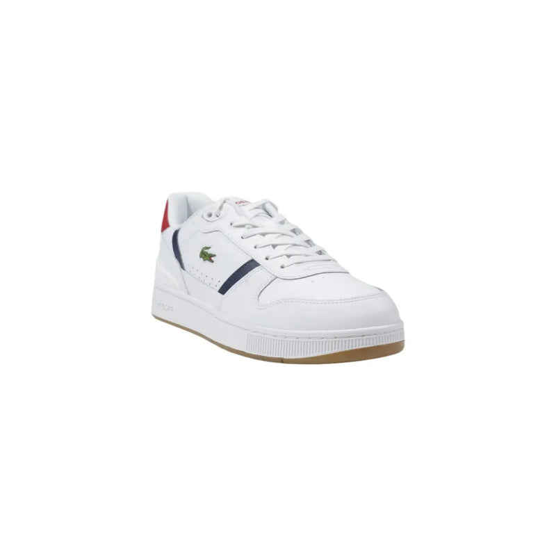 Weiße Lacoste-Sneaker für Herren aus Leder mit marineblauen und roten Akzenten und dem klassischen Krokodil-Logo an der Seite