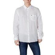Lacoste men’s white linen shirt with long sleeves subtle texture and green crocodile logo on left chest pocket