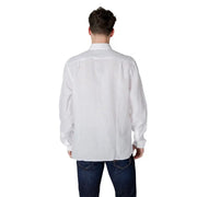Lacoste men’s white long-sleeved linen shirt with classic collar and buttoned cuffs