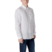 Lacoste men’s white linen button-down shirt with subtle textured weave and black crocodile logo on left chest pocket