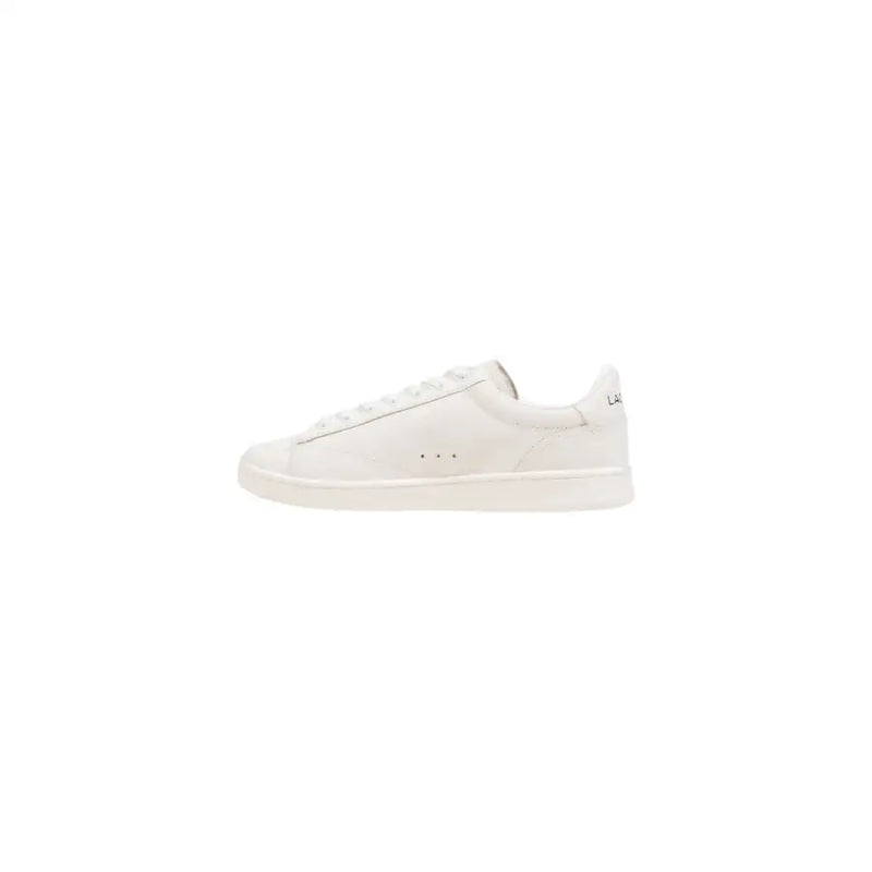 White leather low-top sneaker with lace-up design and small logo on side.