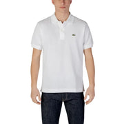 Lacoste white short sleeve polo shirt featuring a green crocodile logo on the left chest in cotton material