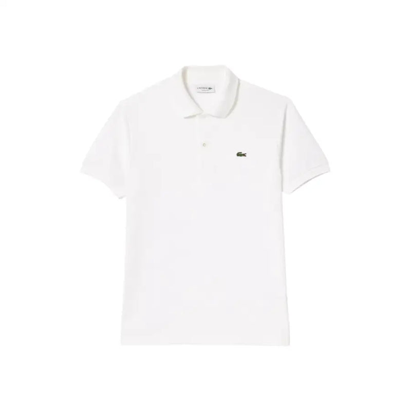 Lacoste white short sleeve polo shirt featuring a green crocodile logo on the chest and branded collar label