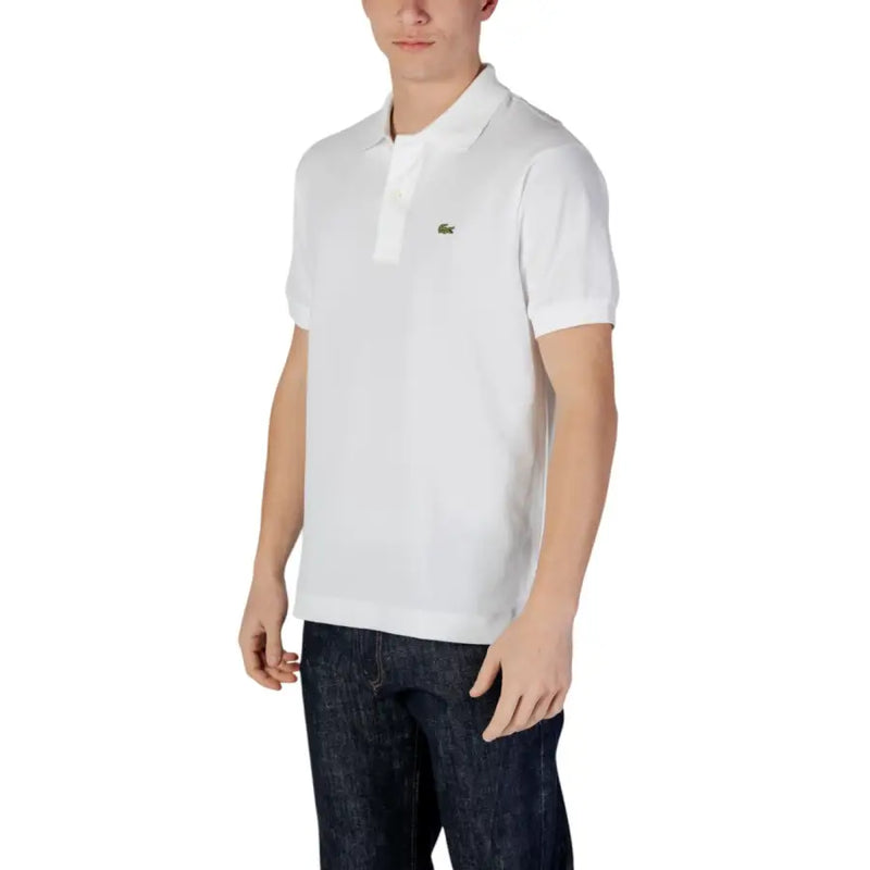 Lacoste white short sleeve polo shirt made of breathable fabric with green crocodile logo on the chest