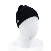 Lacoste Wollmütze für Herren, schwarz gerippt, mit grünem Krokodil-Logo an der Seite, Vorderansicht