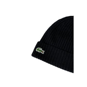 Lacoste Wollmütze für Herren in Schwarz mit Rippstrick und grünem, gesticktem Krokodillogo am umgeschlagenen Ärmelbündchen (Vorderansicht)