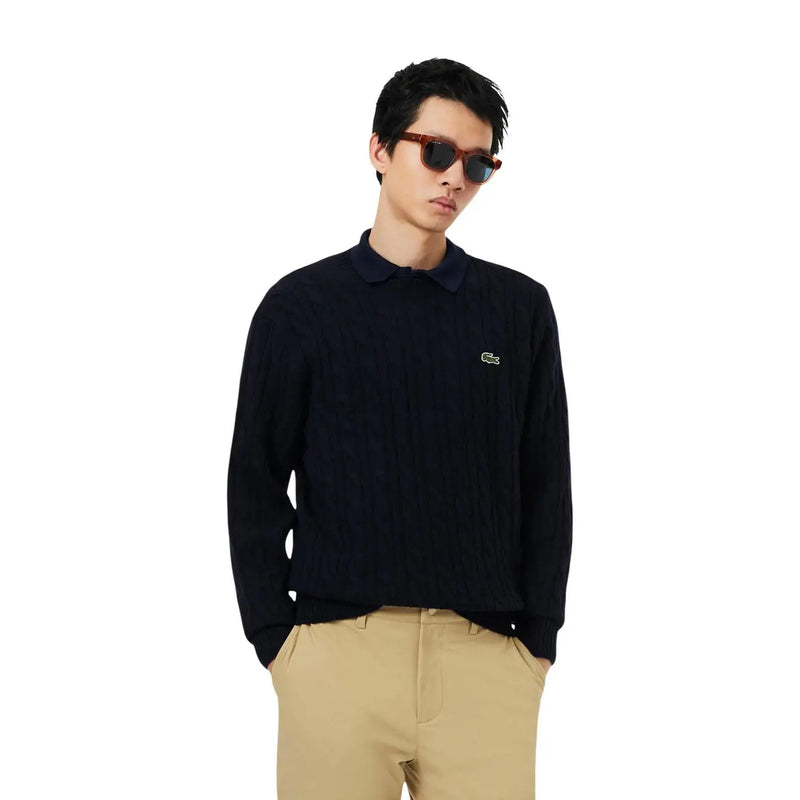 Lacoste Wollpullover für Herren in marineblauem Rippstrick mit grünem Krokodillogo, Vorderansicht