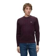 Lacoste-Wollpullover für Herren in tiefem Burgunderrot mit Zopfmuster und Krokodillogo, Vorderansicht