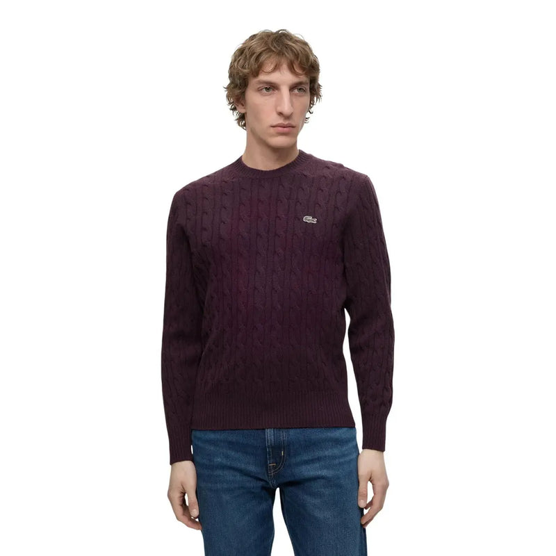 Lacoste-Wollpullover für Herren in tiefem Burgunderrot mit Zopfmuster und Krokodillogo, Vorderansicht
