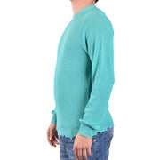 Laneus Baumwollpullover für Damen in Türkis mit Rippstrick und ausgefransten Bündchen und Saum, Vorderansicht