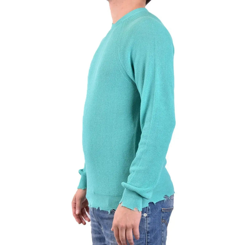 Laneus Baumwollpullover für Damen in Türkis mit Rippstrick und ausgefransten Bündchen und Saum, Vorderansicht