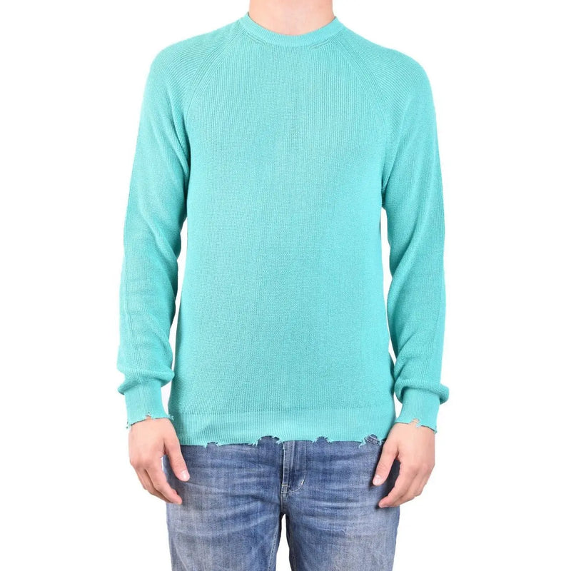 Laneus Baumwollpullover für Damen in Türkis mit gerippten Raglanärmeln und ausgefranstem Saum, Vorderansicht
