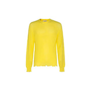 Laneus men yellow round neck cotton knitwear sweater with long sleeves and frayed hem, front view