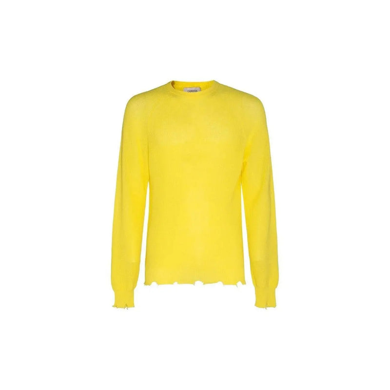 Laneus men yellow round neck cotton knitwear sweater with long sleeves and frayed hem, front view
