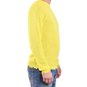Laneus Herren-Strickpullover aus Baumwolle, gelb, Rundhalsausschnitt, leuchtend gelbe lange Ärmel und ausgefranste Bündchen und Saum.