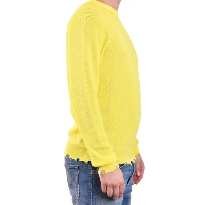 Laneus Herren-Strickpullover aus Baumwolle, gelb, Rundhalsausschnitt, leuchtend gelbe lange Ärmel und ausgefranste Bündchen und Saum.