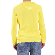 Laneus Herren-Baumwollpullover in Gelb mit Rundhalsausschnitt, leuchtend gelbem Rippstrick und ausgefranstem Saum