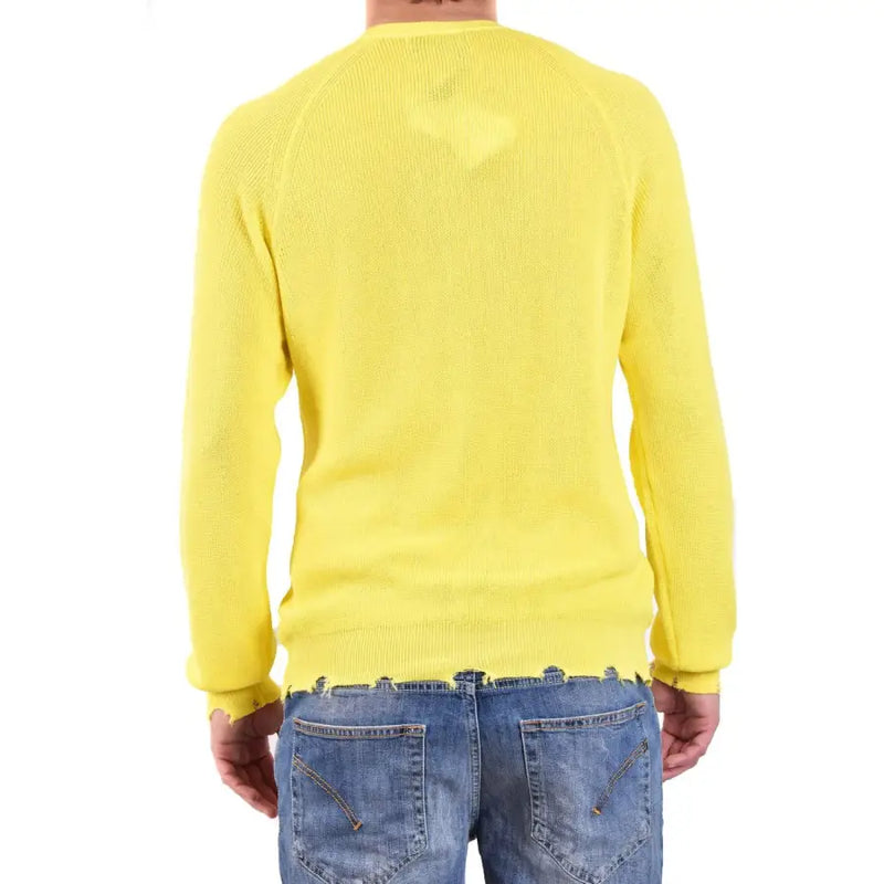 Laneus Herren-Baumwollpullover in Gelb mit Rundhalsausschnitt, leuchtend gelbem Rippstrick und ausgefranstem Saum